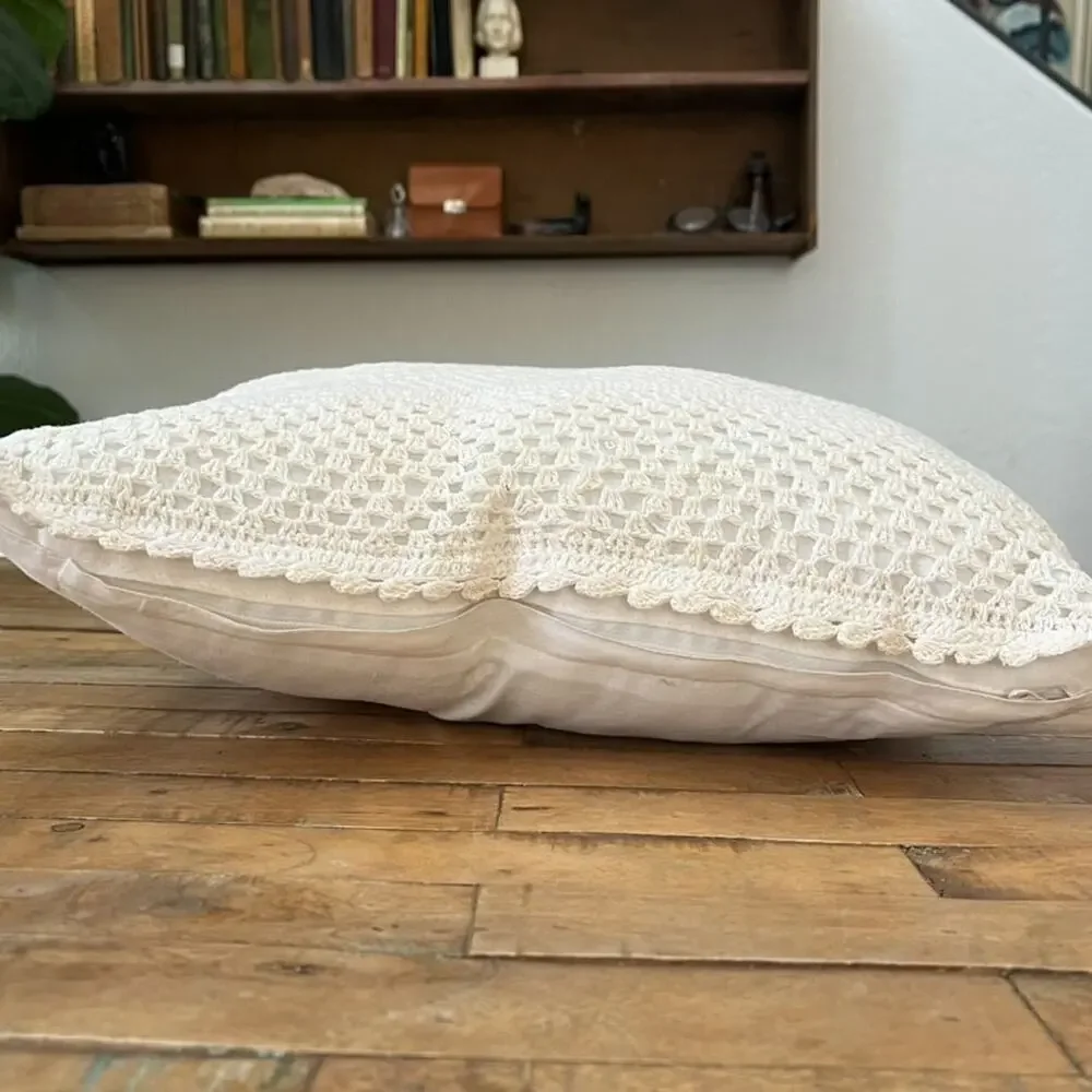 Ivory Cotton Crochet Square Decorative Pillow 15 x 15